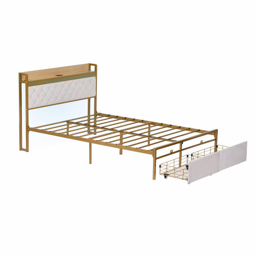 4ft6 Double Bed Frame With 2 Storage Drawers, RGB LED Storage Headboard With Charging Station, Velvet Bed Frame, With Chrome Decoration, No Box Spring Needed, Easy Assembly, Beige