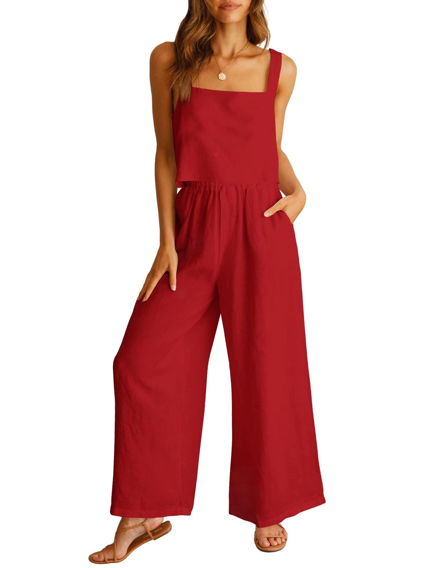 Ensemble décontracté sans manches, caraco, pantalon large