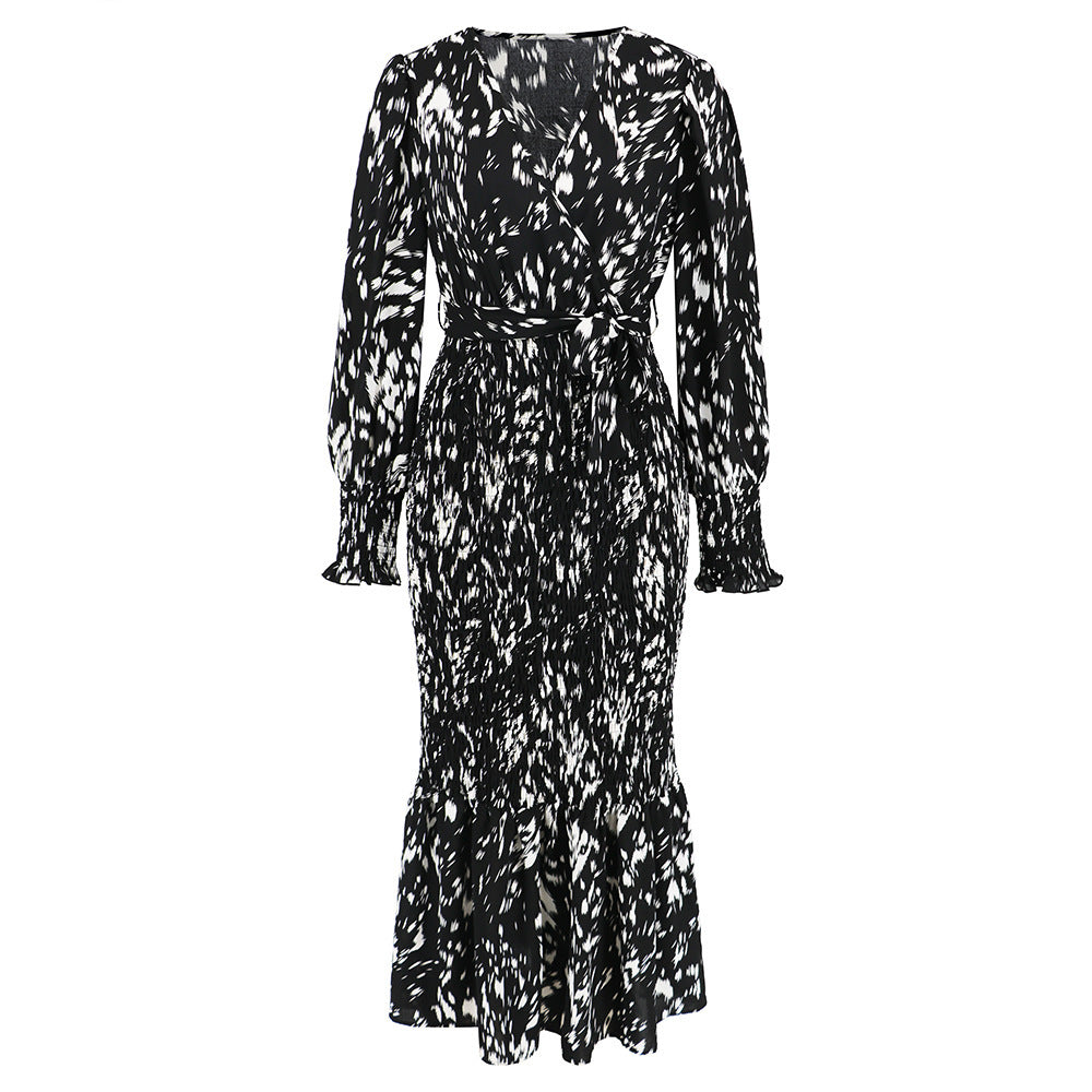 Robe imprimée coupe ajustée à col en V et ceinture, longue queue de poisson, populaire