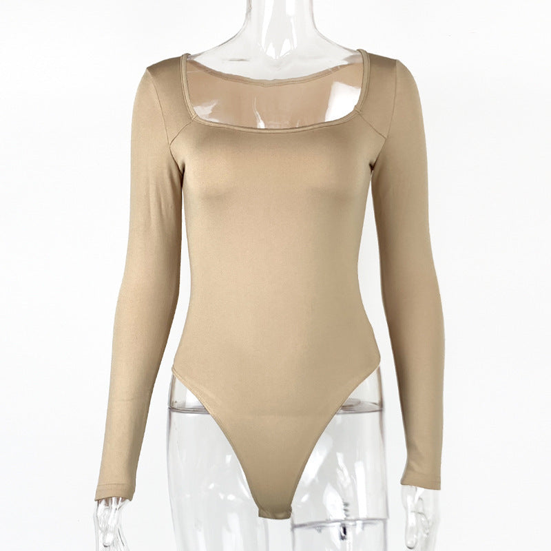 Slim Fit Slimming Square Collar Bottoming Long Sleeve Jumpsuit
