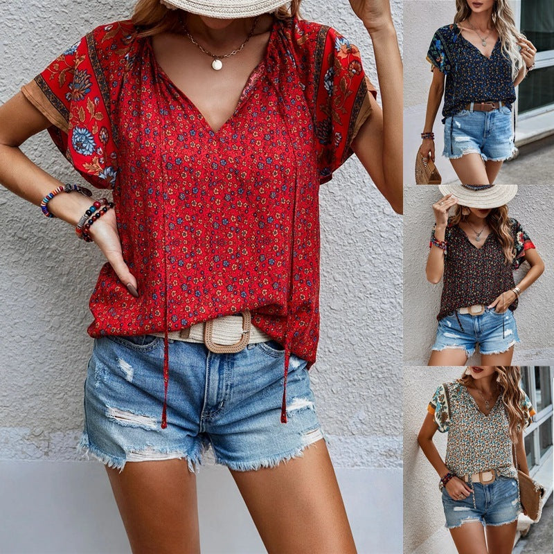 European American Summer New Casual National Style Printed V-neck Short Sleeve Loose Shirt