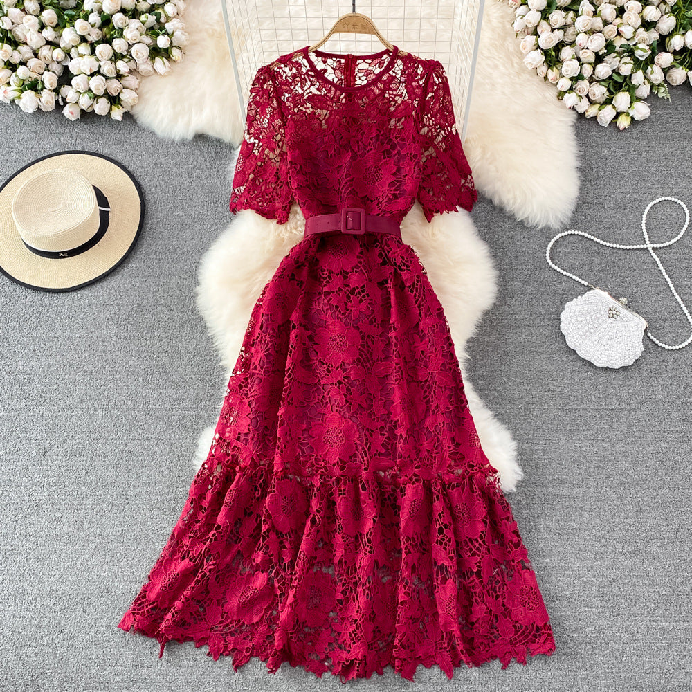 Summer Ladies Round Neck Crocheted Hollow Lace Dress