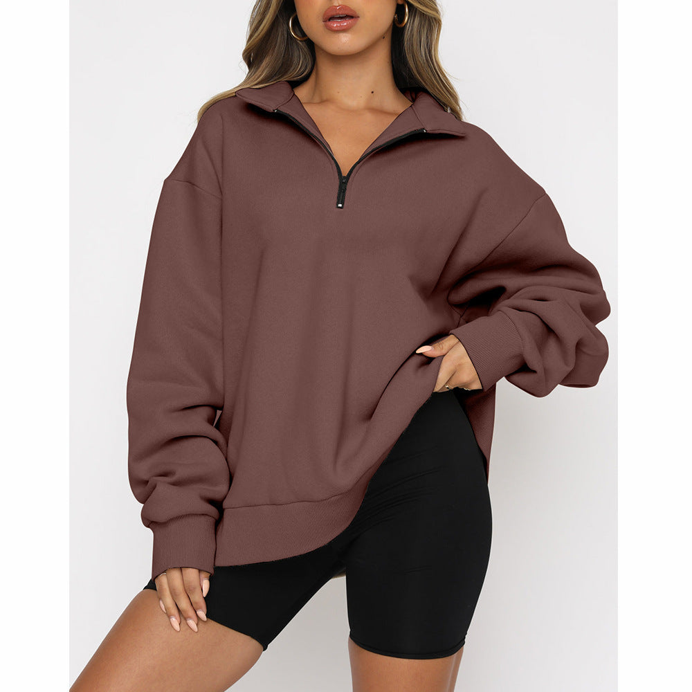 Casual Top Half Zipper Pullover Long Sleeved Sweatshirt