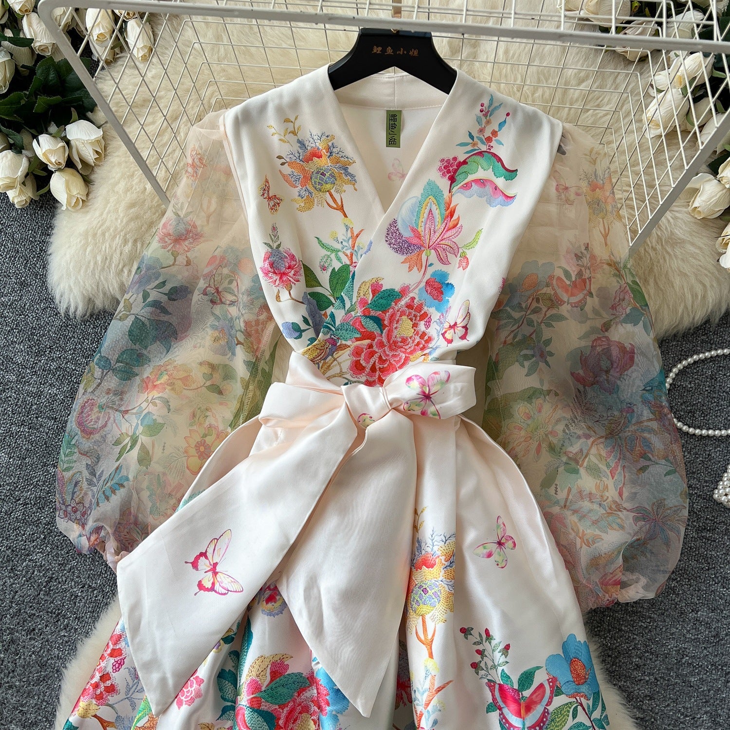 V Neck Tie Waist Mesh Fabric Lantern Sleeves Flattering Long Dress