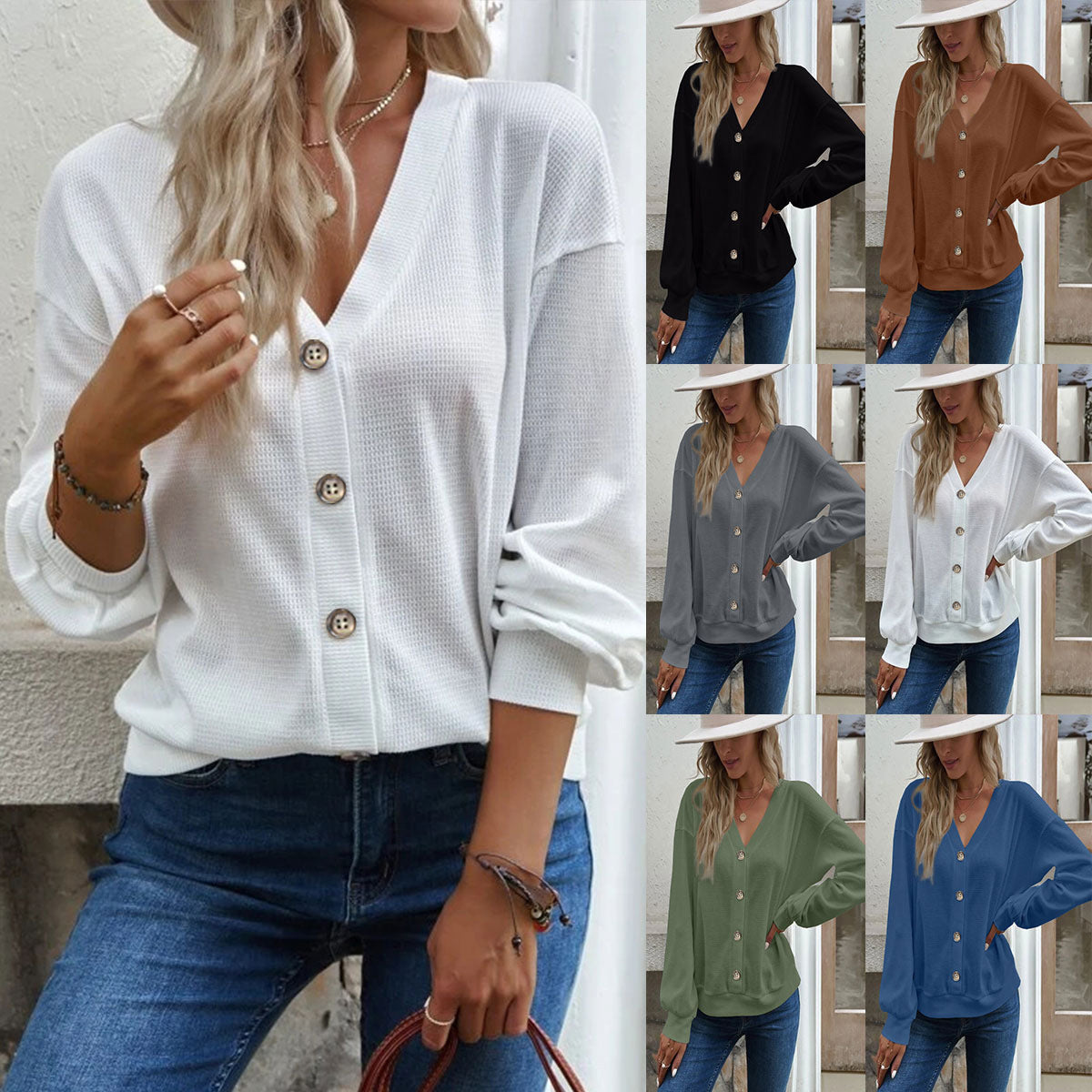 Women's Solid Color Buttons V-neck Loose Long-sleeved T-shirt