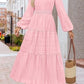V-neck, Waist-cinched, Layered Puffed-sleeve Dress Fashionable Ruffled Maxi Skirt