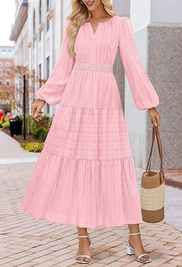 V-neck, Waist-cinched, Layered Puffed-sleeve Dress Fashionable Ruffled Maxi Skirt