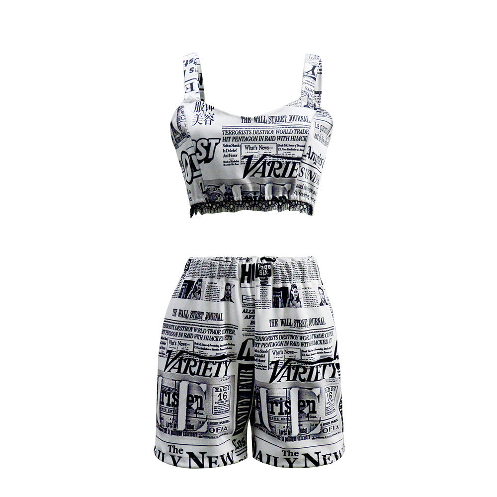 European And American Women's Clothing Newspaper Printing Sports Suit