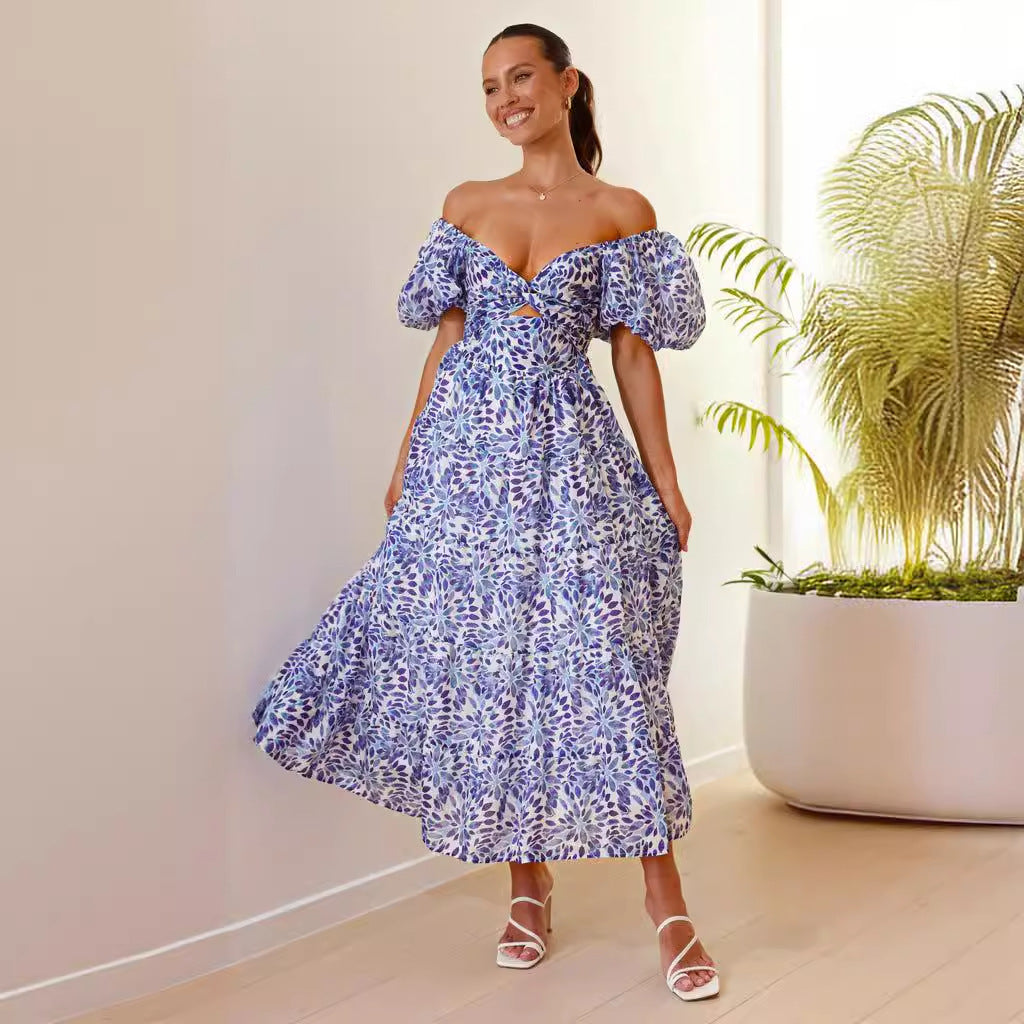 Women's Versatile Casual Waist-tied Puff-sleeve Flare Dress