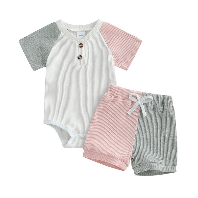 Solid Color Rib Fabric Color Matching Short Sleeve Suit
