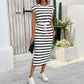 Womens Black And White Striped Split-Neck Casual Dress