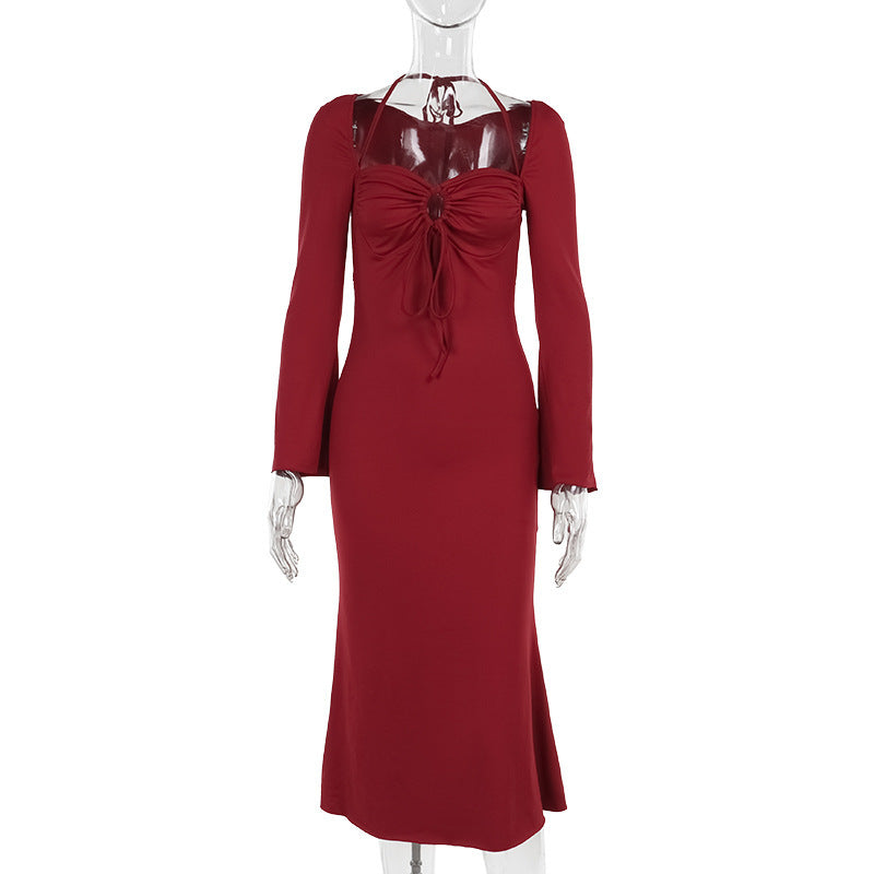 Robe d'automne moulante à manches longues et col licou pour femme
