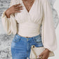 V-neck Sleeve Solid Color Pleated Women's Long-sleeved Top