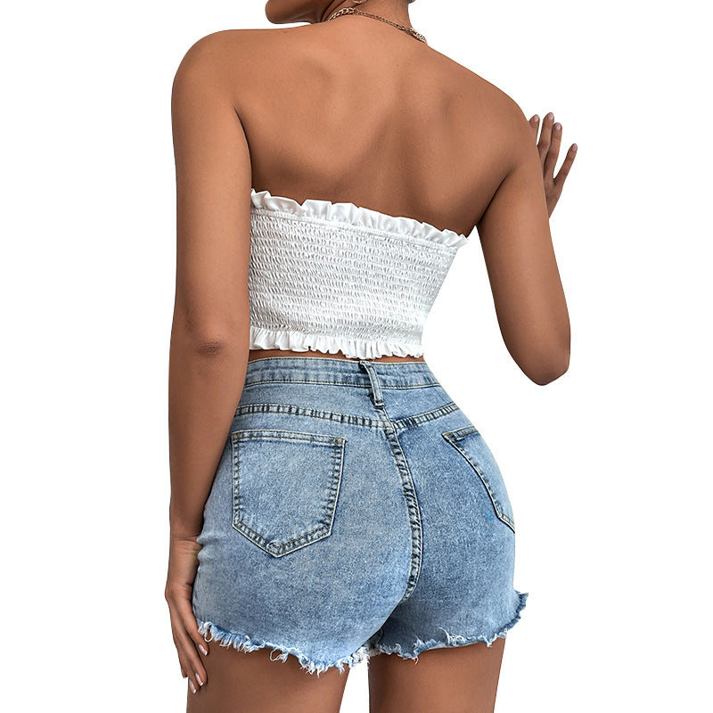Retro Solid Color Fungus Edge Elastic Tube Top Women's Top