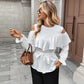 Women's Long-sleeved Ruffled Off-the-shoulder Lace-up Crew Neck Shirt