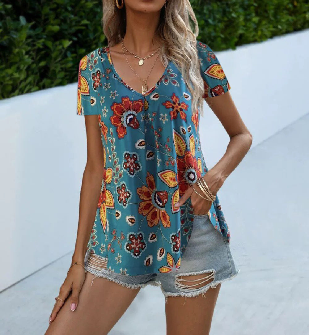 Women's Multicolor V-Neck Printed Short Sleeve T-Shirt