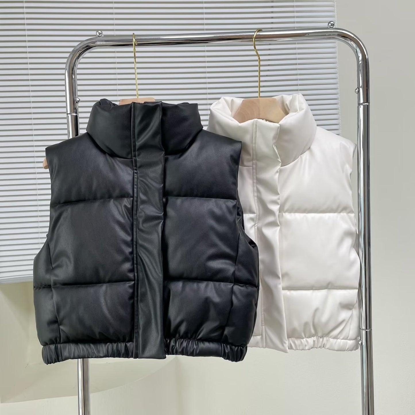 Fashion Mock Leather Vest With Stand Collar