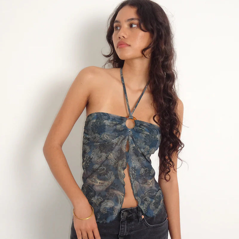 Classic Style Temperament Mesh Floral Print Halter Top Women