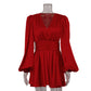 Puff Sleeve V-neck Waist Seal Pleated Dress