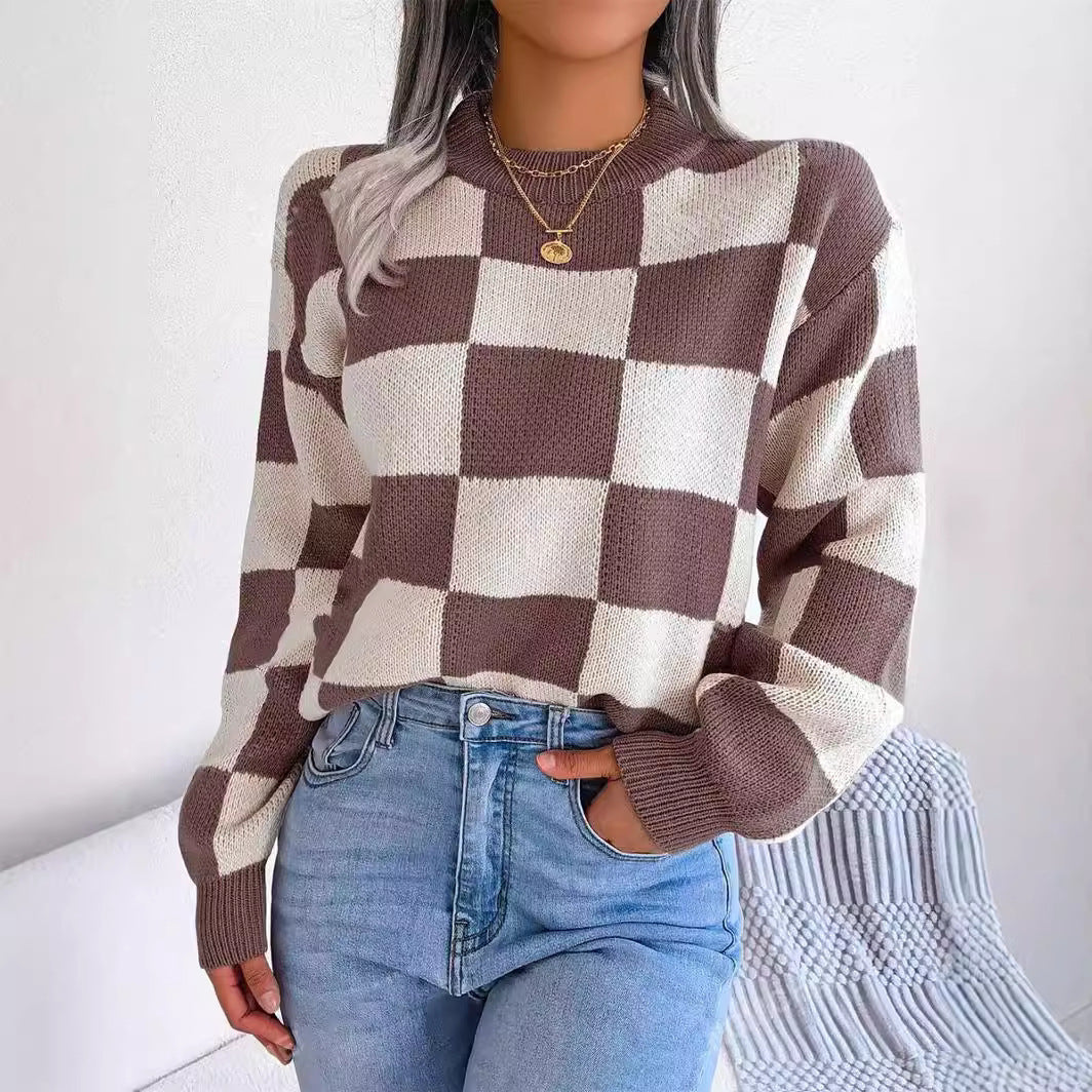 Pull à carreaux contrastés, style ample et décontracté, avec coutures