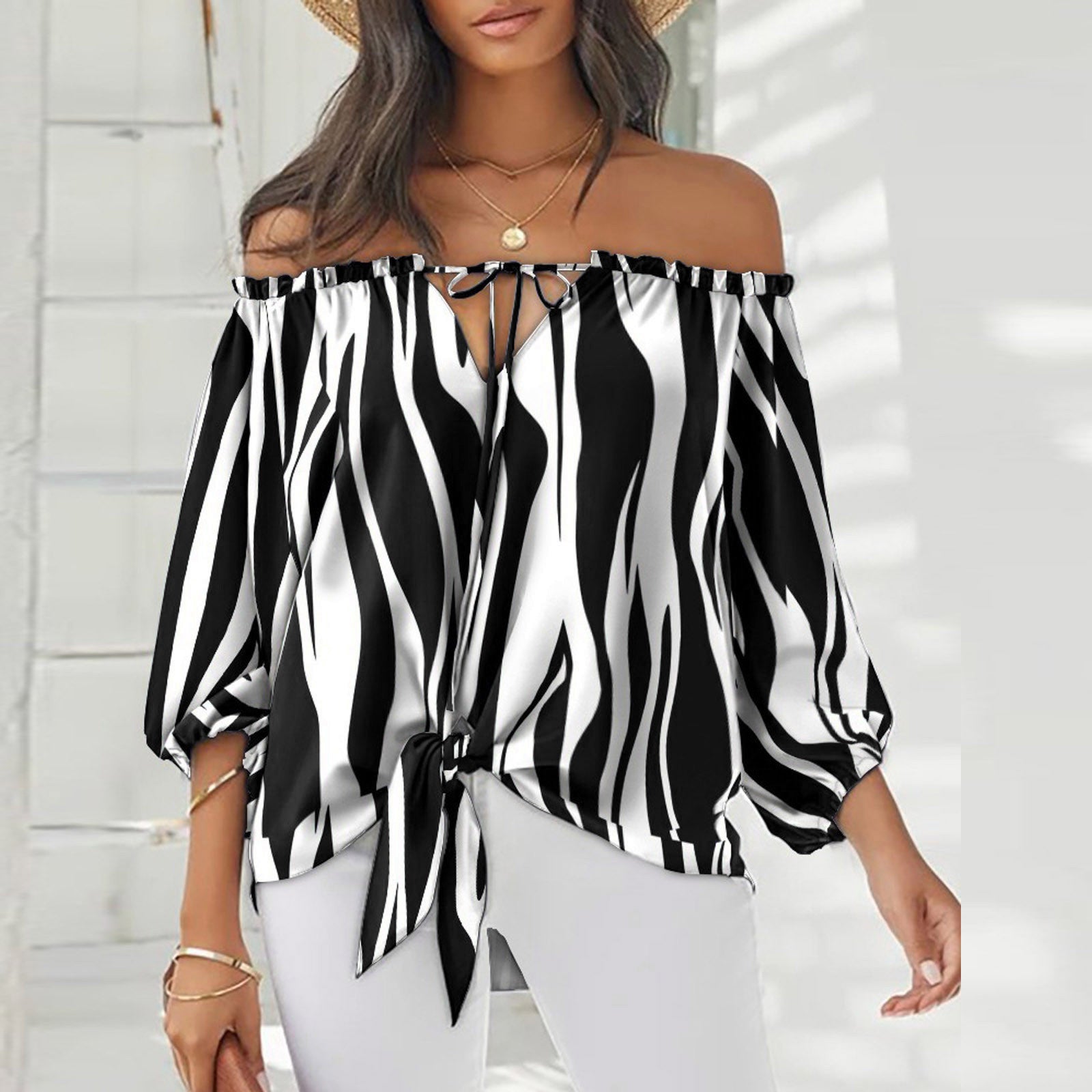 Striped Off-the-shoulder Chiffon Shirt Women's Long Sleeve