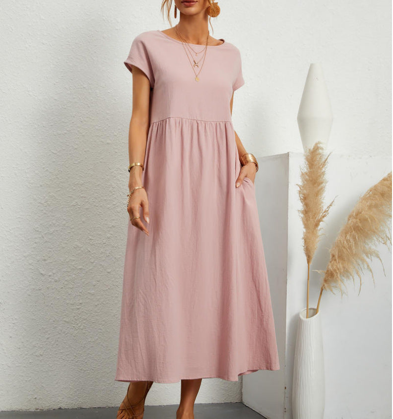 European And American Solid Color Sleeveless Loose Cotton Linen Pocket Dress