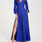 Solid Color V Neck Slit Long Sleeve Pleated Elegant Maxi Dress