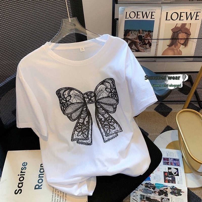 Nouveau t-shirt à manches courtes imprimé nœud papillon pour femme
