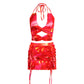 Tie-dyed Printed Deep V Halter Corset High Waist Short Skirt