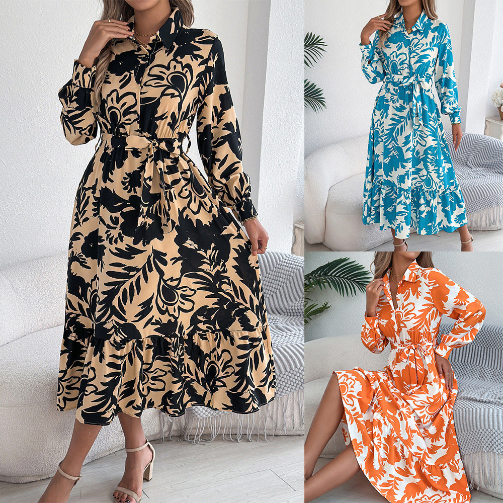 Women's Clothing Spring And Summer Leisure Flower Long Sleeve Shirt Skirt