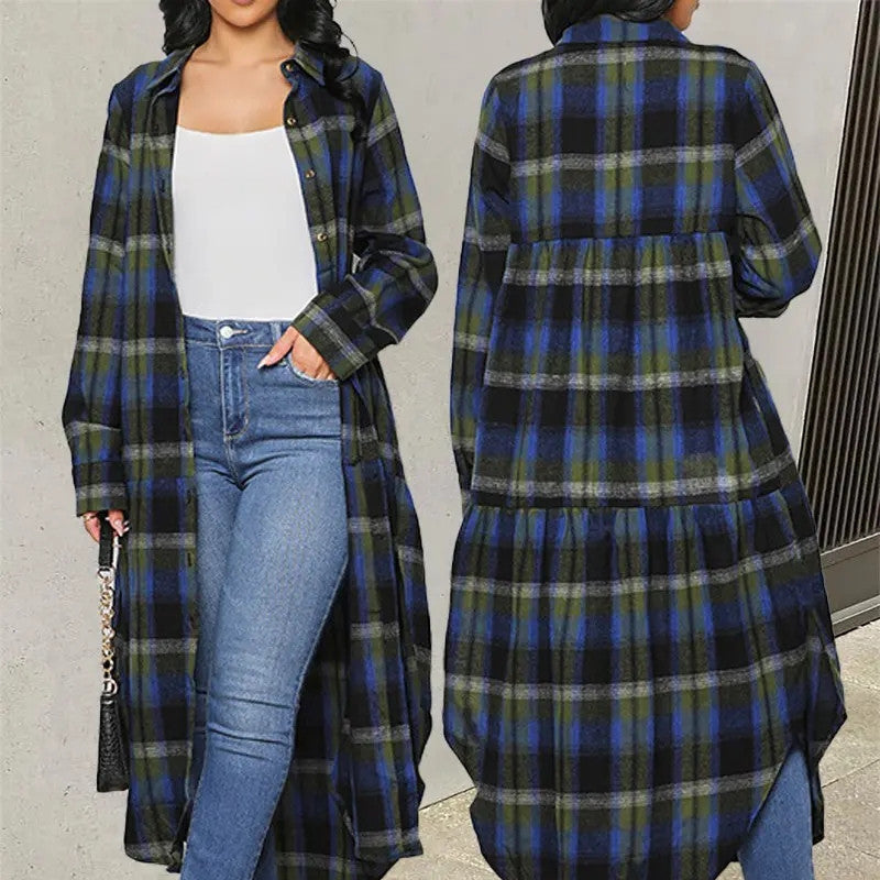 Fashion Plaid Button Pockets Long Sleeve Jacket Waist Coat