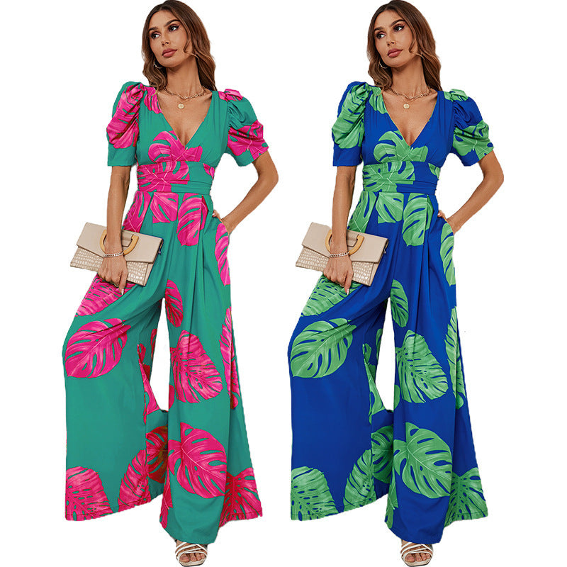 Casual V-neck Waist Wide Leg Jumpsuit For Women