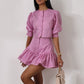 Puff Sleeve Short Top Patchwork A- Line Skirt Two-piece Set