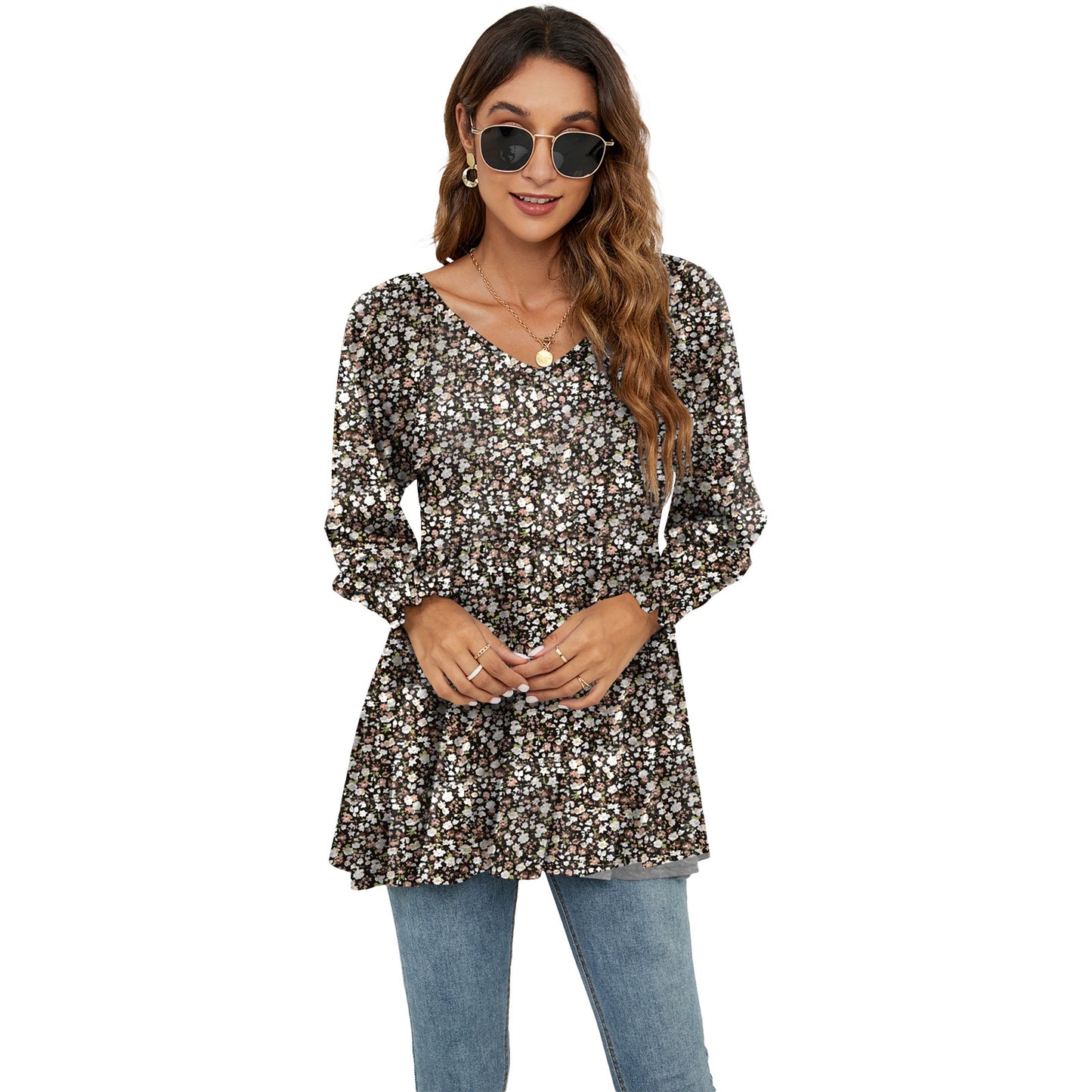 Hauts à manches longues bouffantes pour femmes, imprimés floraux, chemisiers décontractés à col en V, t-shirts, hauts babydoll