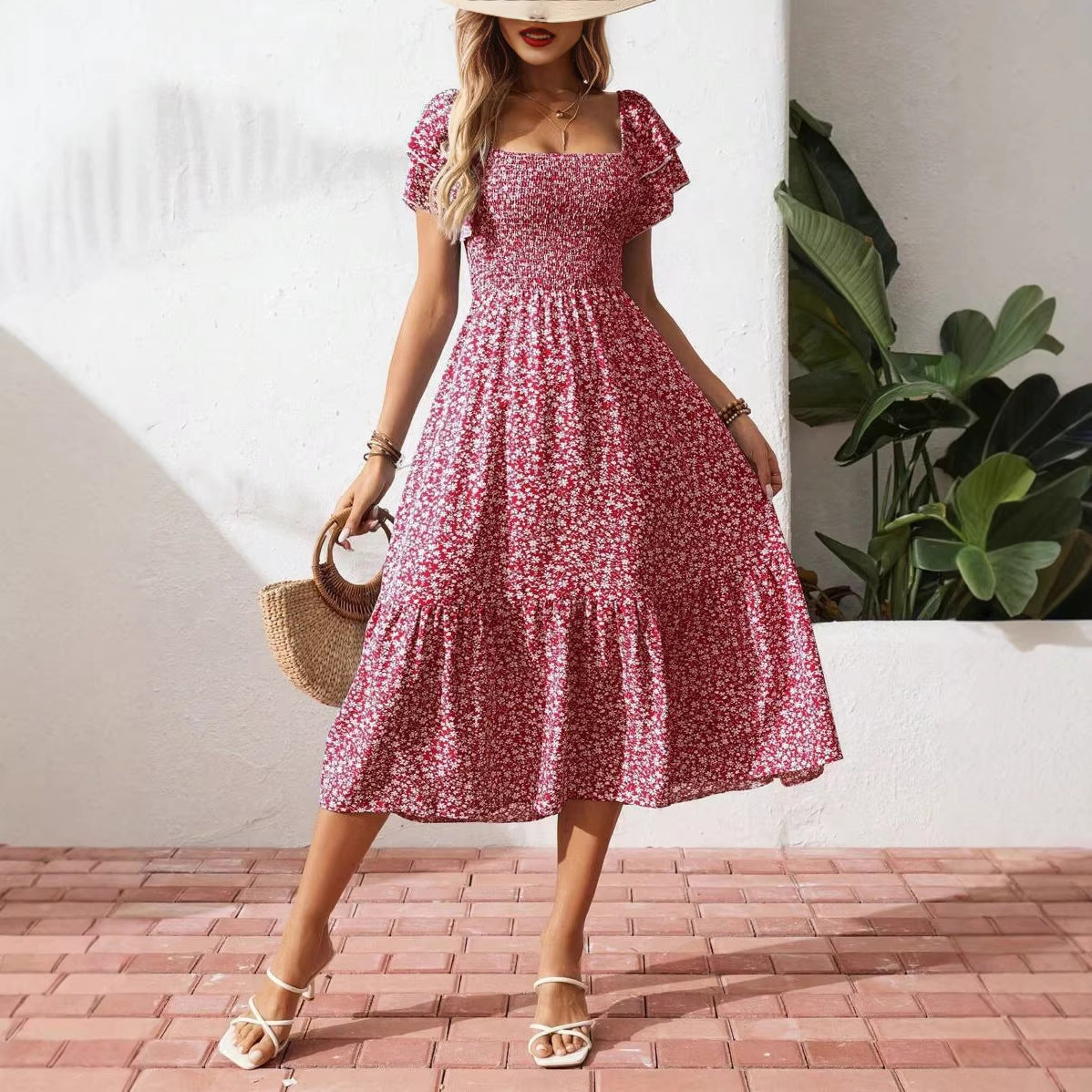 New European And American-style Square-neck Puffed-sleeve Floral-print Dress