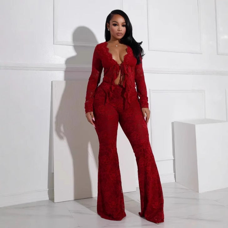 Women's Lacing Hollow Cardigan Long Sleeve Pants Two-piece Suit