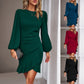 Puff Sleeve Solid Color Sheath Dress Women