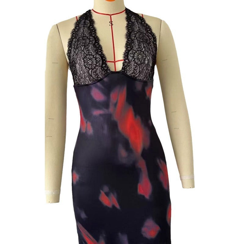 V Lace Stitching Printing Suspender Dress Girl Slim Fit Dress Women
