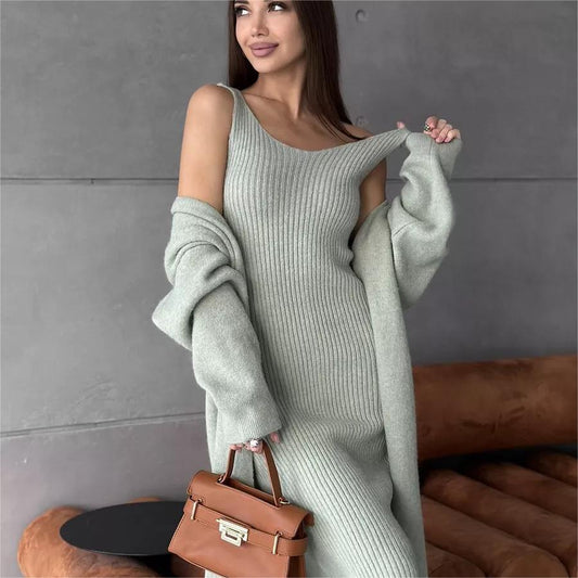 Ensemble 2 pièces en tricot pour femme, robe longue sans manches, slim, cardigan ample et décontracté, collection printemps-automne