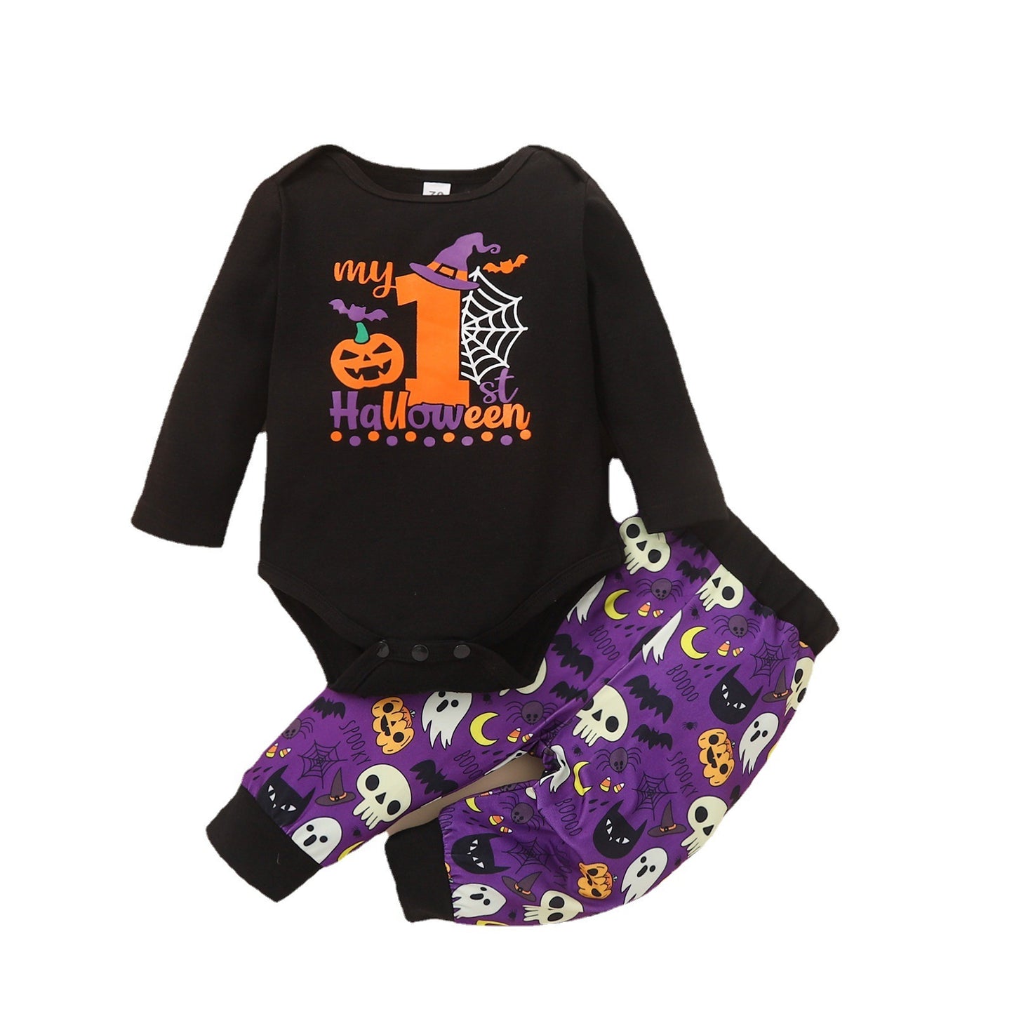 Barboteuse noire à manches longues et col rond pour garçon, avec lettres imprimées, pantalon violet imprimé, costume pour bébé