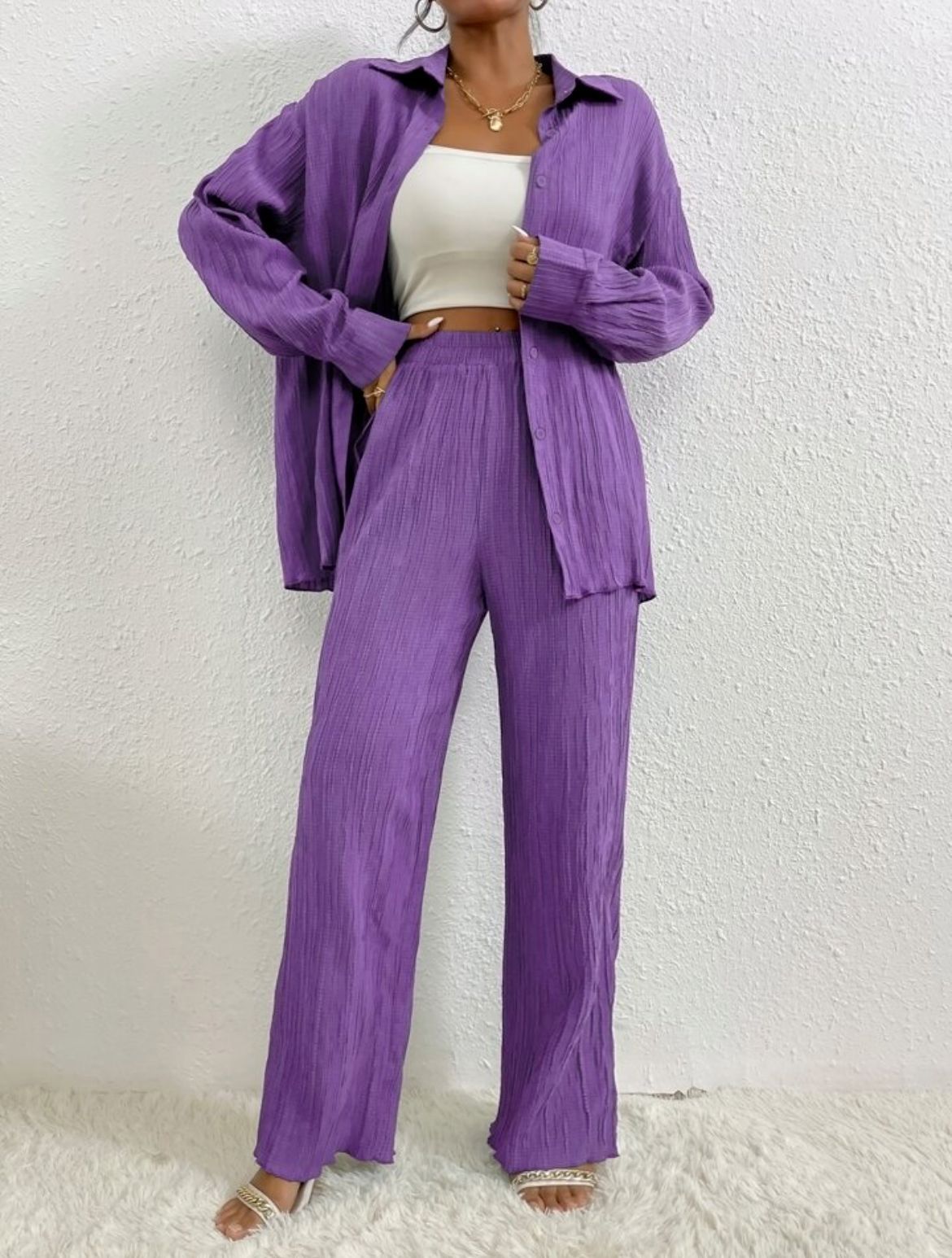 European And American Women's Clothing Solid Color Loose Drooping Smooth Pleated Casual Two-piece Suit
