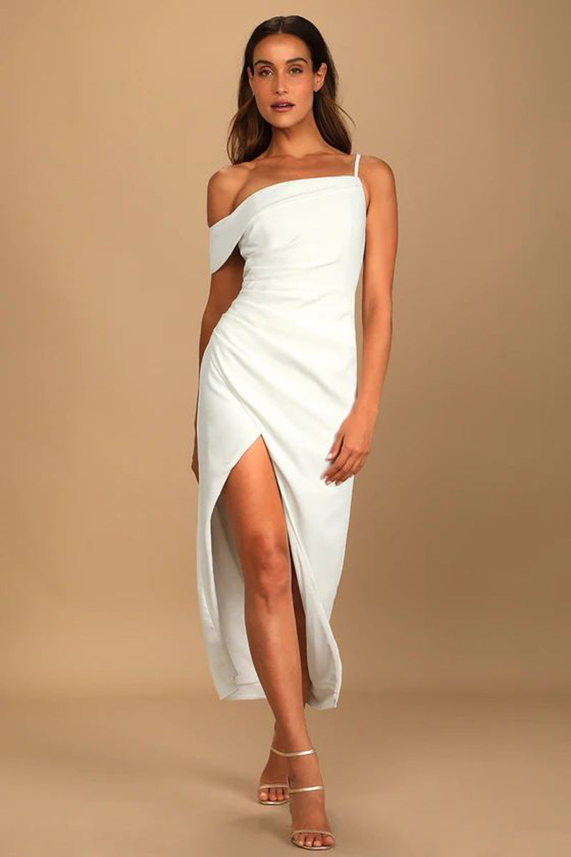 Hip-wrapped Off-shoulder Irregular Slit Dress Women