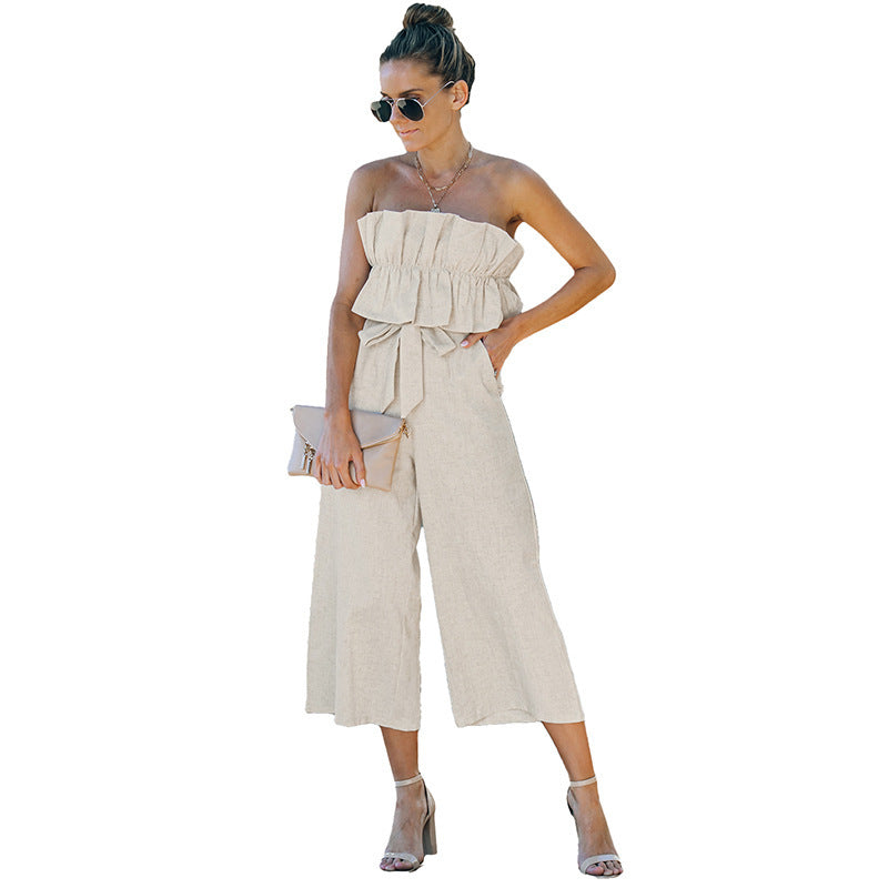 Pantalon plissé une pièce sans manches pour femme, longueur cheville