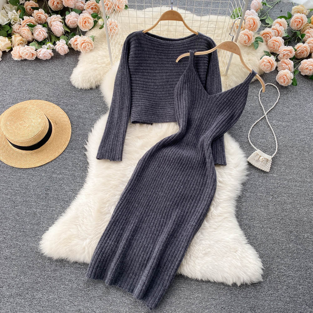 Vintage Cropped Top Sling V-Neck Dress Stacked Two Piece Suit
