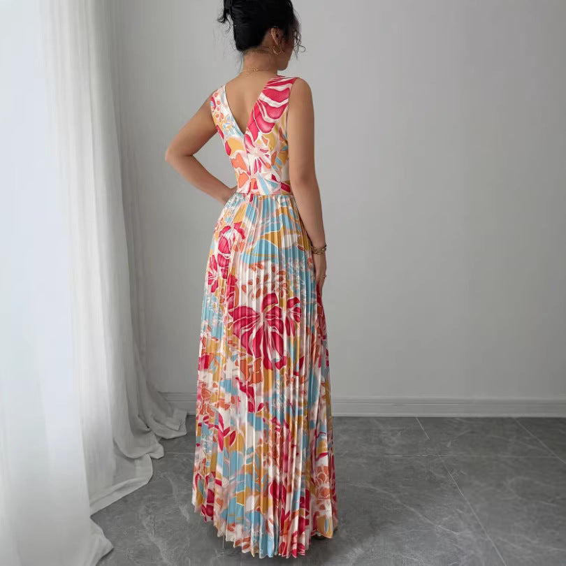 Womens Sexy Deep V-Neck Sleeveless Printed Dress With Slit Hem And Pleats
