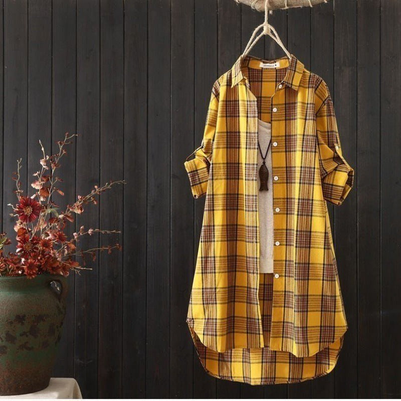 Chemise à carreaux mi-longue ample à manches longues pour femme