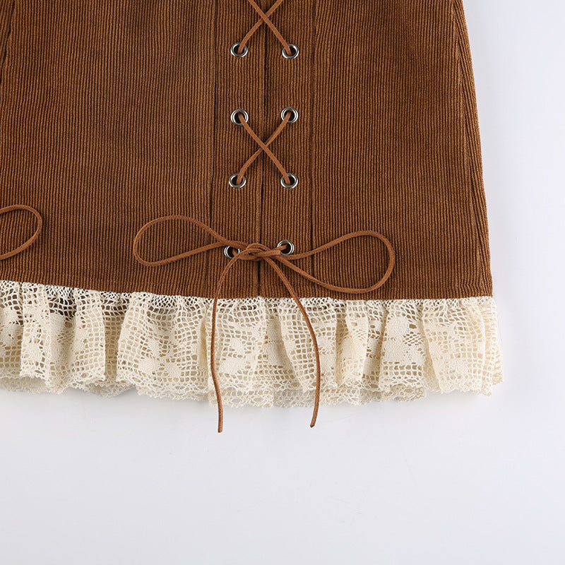 Ladies Fashion Patchwork Tie Corduroy Skirt