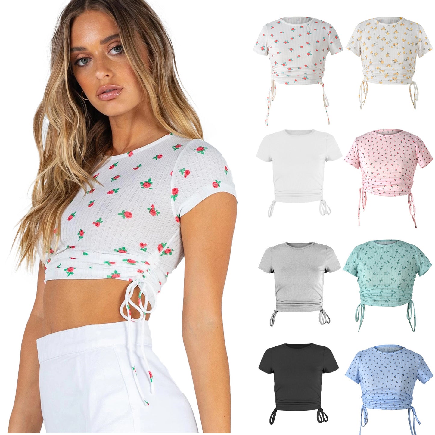 Women's Printed Short-sleeved T-shirt With Drawstring