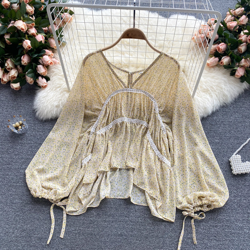 Chiffon Shirt Age Reduction Puff Sleeve Loose Wild Short Floral Doll Shirt