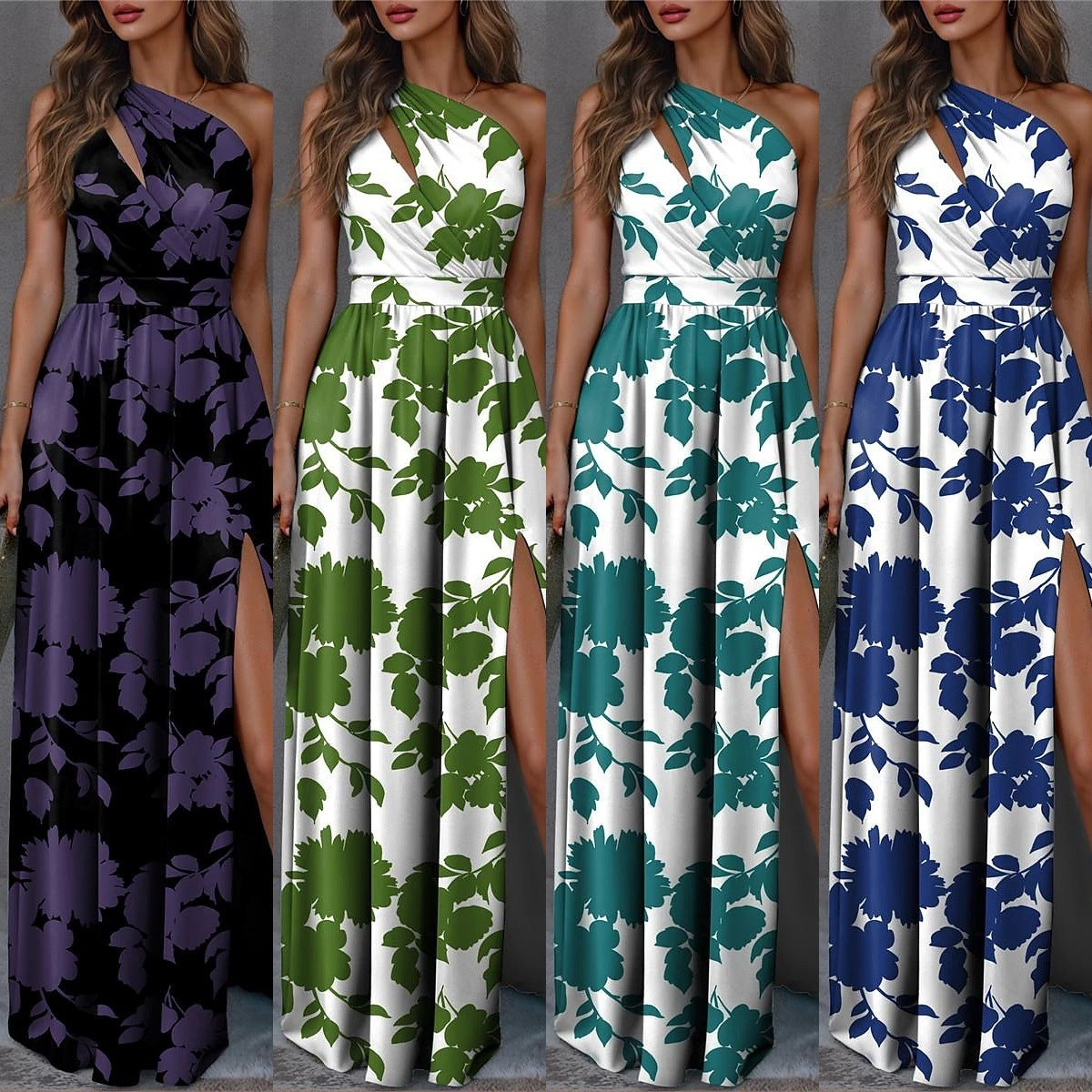 Robe élégante fendue sans manches à épaules inclinées et taille haute